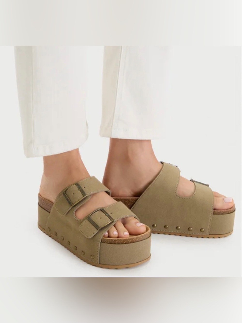NWOT Madden Girl Babess Platform Slide Sandals Olive Tan. Buckle Straps Sz 8